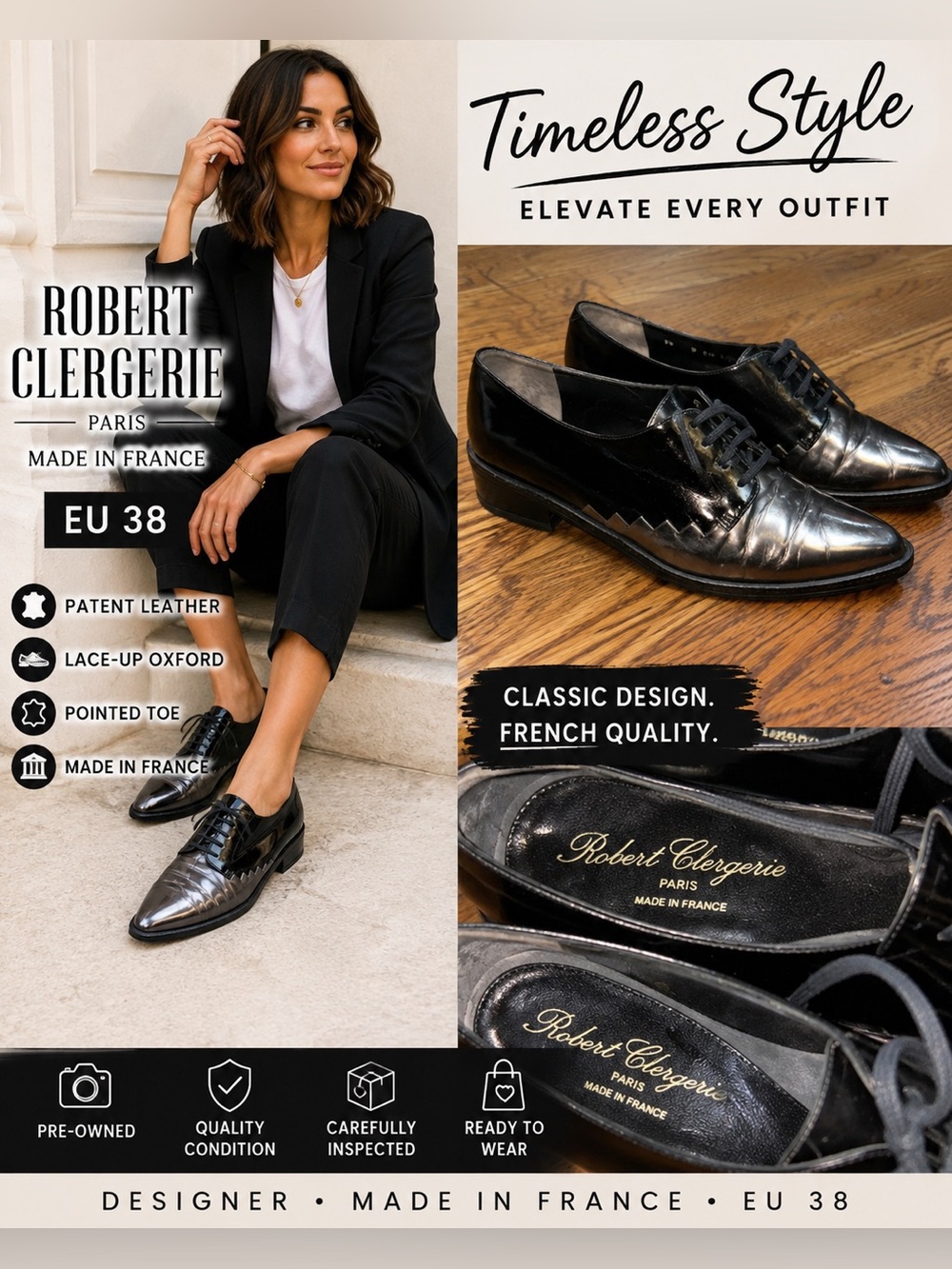 Robert Clergerie Black Patent Leather Pointed Lace-Up Oxfords Old Money EU38